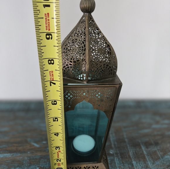 Moroccan Lantern Brass & Blue Glass Candle Holder Lamp - Picture 10 of 11